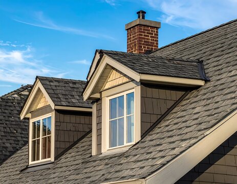 Dormer Windows and Chimney on a Shingled Roof.
