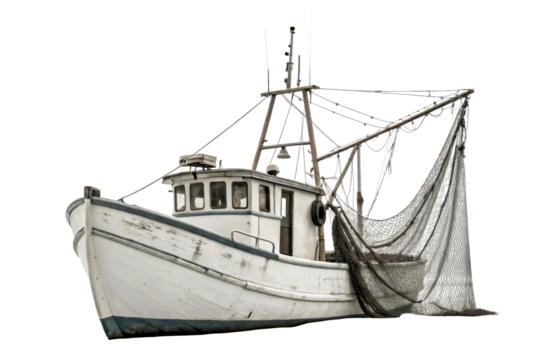 Fishing trawler boat with net on dry ground