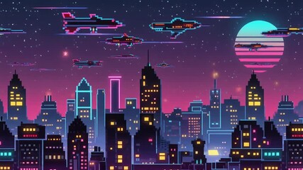 Pixel art retro-futuristic cityscape at night with flying spaceships and a vibrant synthwave sunset. - Powered by Adobe