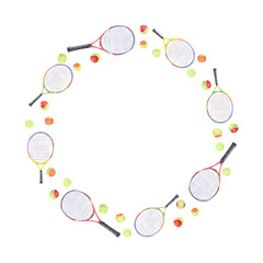 Wreath of tennis racket and balls watercolor frame