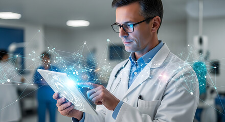 Doctor uses advanced technology and data visualization on tablet