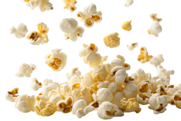 Flying popcorn kernels heap snack movie theater food, cut out transparent