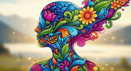 Stylized floral human silhouette with vibrant colors and intricate details with soft nature background, concept for wellness promotion, artistic expression and mindful practices