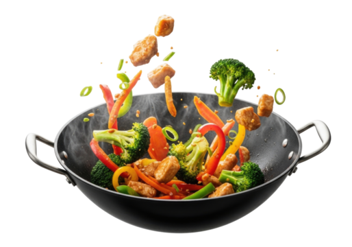 Stir fry ingredients flying out of a wok transparent background cutout png