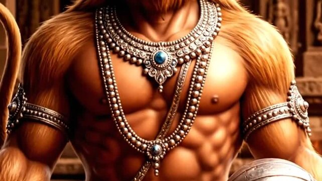 Powerful Hindu Deity Hanuman with Muscular Body and Ornate Jewelry.