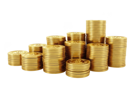 Stacks of golden dollar coins showing increasing financial growth and wealth isolated on transparent background