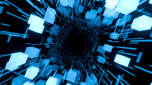 3D rendering of digital tunnel of cyberspace with cube particles and light.