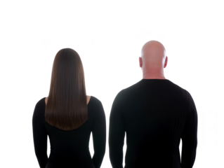 Back view of woman with long straight brown hair and bald man, both wearing black shirts, standing side by side against transparent background, neutral mood