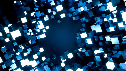 3D rendering, abstract background with blue 3D cubes on blue backdrop.