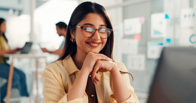 Woman, computer and happy at startup, feedback and project management with job at digital agency. Person, smile and pc for review, insight and glasses for results with web traffic increase at office