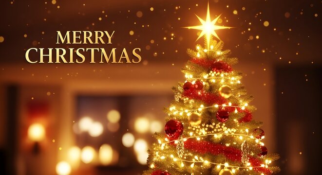 MERRY CHRISTMAS text greeting on warm, glowing tree background with lights and bokeh effect