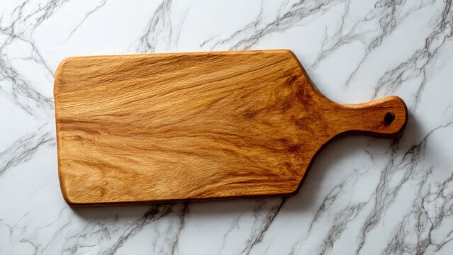 Empty wooden charcuterie board on white marble surface. Elegant arrangement suggests future use. Soft shadows and clean composition