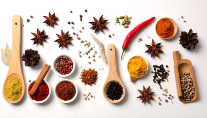 Assortment of Spices and Herbs on White Background.