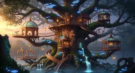 A magical, fantastical treehouse village with glowing lanterns, waterfalls, and multiple levels nestled within a large ancient tree at sunset