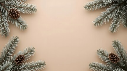 Frosted Fir Branches and Pinecones on a Neutral Beige Background for Winter Holiday Season