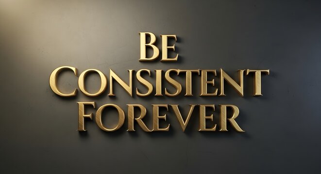A motivational wall decoration displaying the phrase 'Be Consistent Forever' in bold, gold-colored letters mounted on a dark wall surface