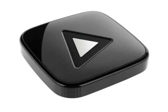 Glossy black square object with play symbol inset
