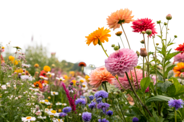 Colorful summer flower meadow with dahlias and wildflowers, cut out transparent