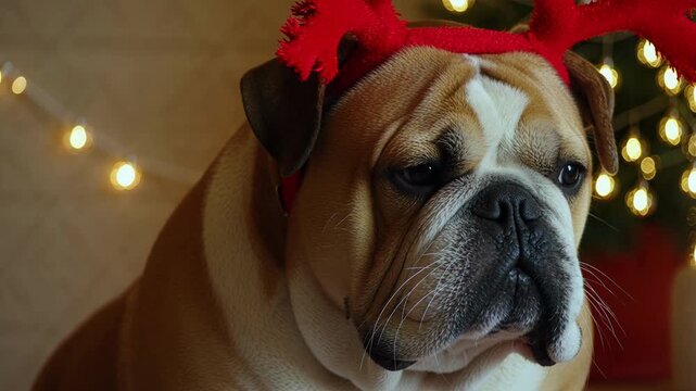 Stoic bulldog wearing reindeer antlers gives a gentle snort, a funny Christmas moment, perfect for holiday humor and pet videos