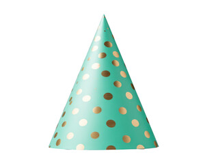 Party hat with gold polka dot pattern, teal color, cone shape, festive accessory for celebration, cheerful and fun decoration, suitable for birthday or event