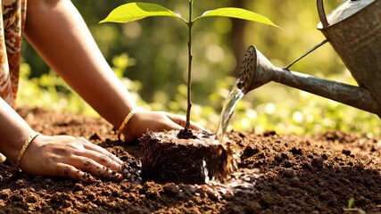 Hands gently planting a young sapling in fertile soil with a watering can nearby symbolizing growth environmental care and a commitment to a sustainable future landscape