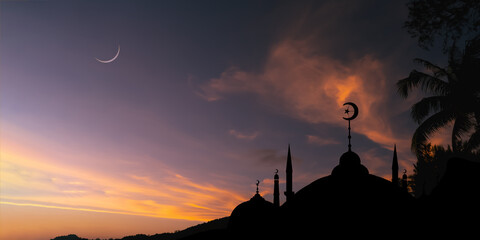 Ramadan background,Beautiful silhouette of mosque dome,crescent moon at twilight sky,Symbolizing Islamic culture,religion,celebration during begin Ramadan Kareem, Eid Mubarak, Eid Al Adha, Eid Al Fitr