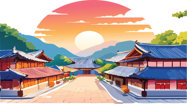Stunning Korean village scene with traditional architecture, vibrant sunset, and peaceful atmosphere perfect for travel blogs or historical presentations