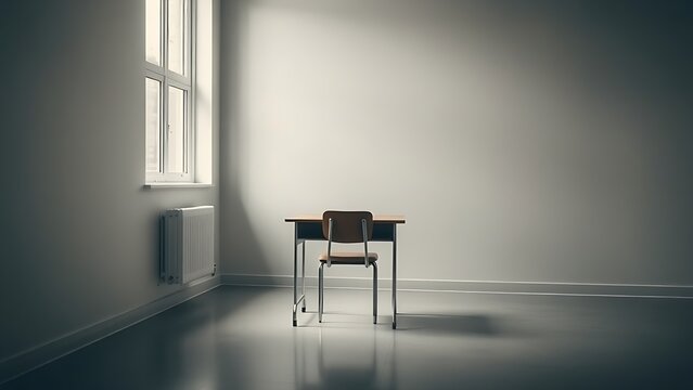 melancholy. Single desk in corner of empty classroom with soft natural light. wellbeing guides, coaching materials, designed for mental health education and mindfulness programs.