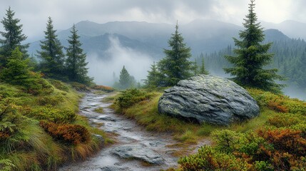 Misty mountain path, rain