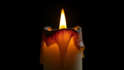 descending. A nearly burned-out candle with layered wax drips and warm glowing light. symbolizing life milestones and joyful moments.
