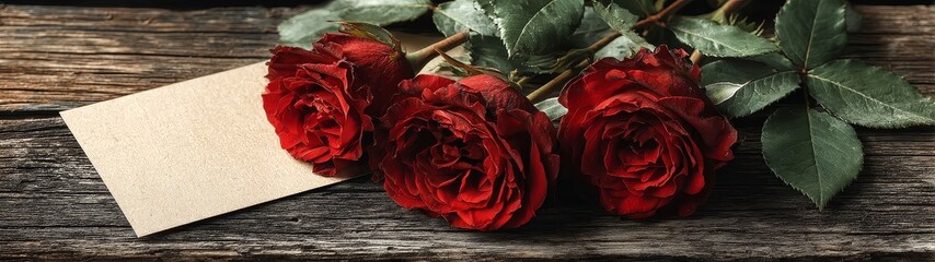 Red roses and blank card on rustic wooden table romantic still life valentine's day banner love message beautiful background