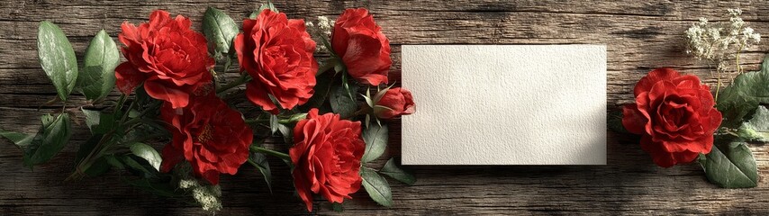 Romantic red roses with black card on rustic wooden table valentine's day banner love message concept romantic still life