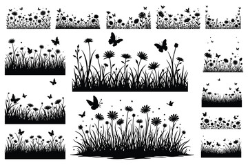 Black silhouette floral borders with butterflies and grass