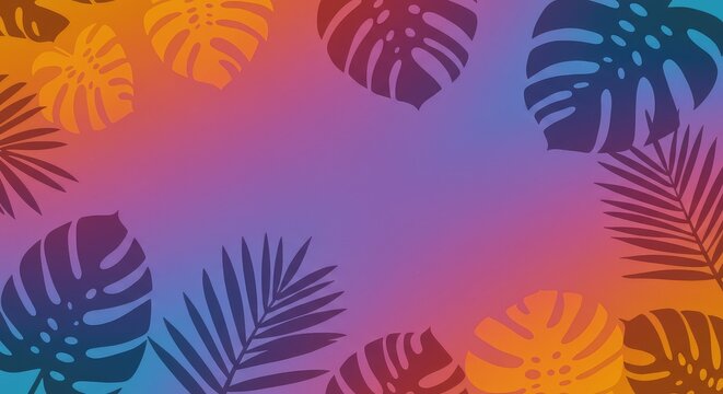 A vibrant tropical-themed background with various tropical leaves and a soft gradient color scheme