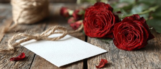 Romantic still life with red roses and black card on rustic wood valentine's day love message background