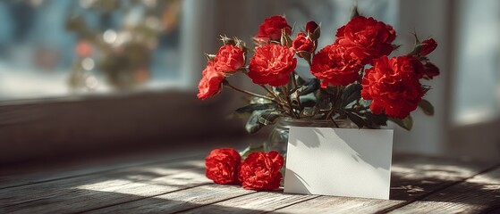 Romantic still life with red roses and blank card for valentine's day banner intimate mood in cozy environment
