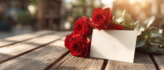 Romantic still life of red roses and black card valentine's day banner love message in serene background