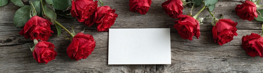 Romantic still life with red roses and black card valentine's day banner love message in romantic background
