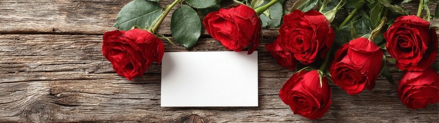 Romantic still life of red roses and black card on wooden surface for valentine's day love message banner