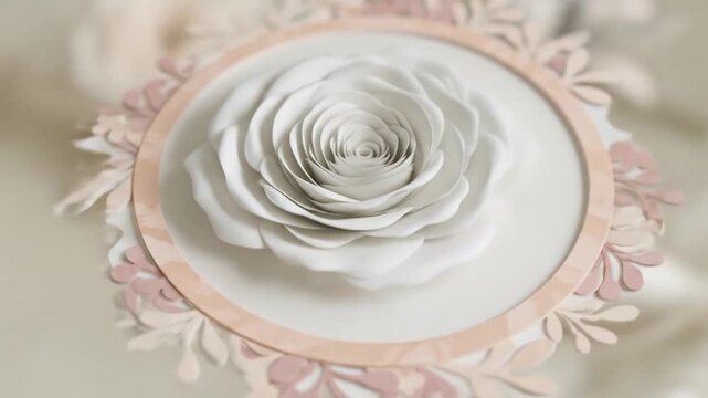 Delicate white paper rose with pink floral border