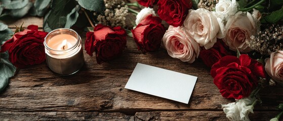 Romantic still life with red roses and black card valentine concept wedding greeting love message romantic background