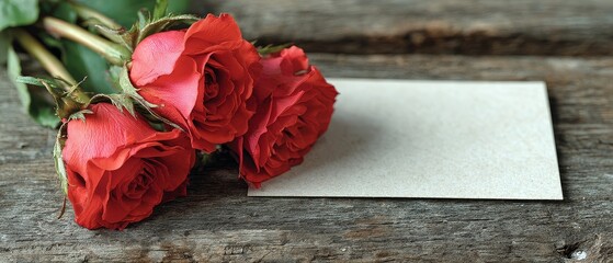 Romantic red roses and black card on rustic wood for valentine's day love message banner