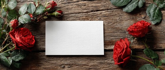 Romantic still life with red roses and black card valentine's day banner rustic wooden background love message concept