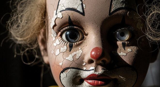 An extreme close-up of a cracked porcelain clown doll's face with wide staring eyes and chipped makeup, creating an intensely creepy feel.