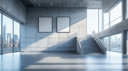 Modern concrete hall with city view, empty frames