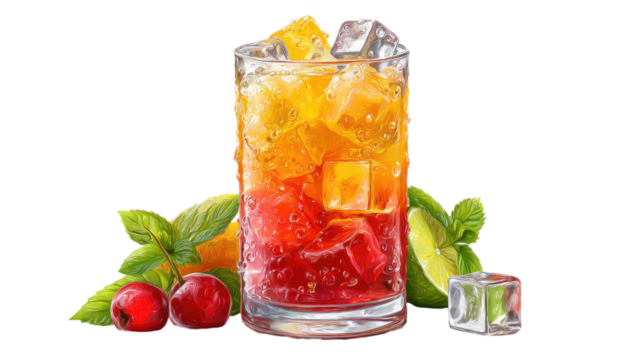 Fresh red and green juice cocktail in a glass with ice and lemon with ice cubes