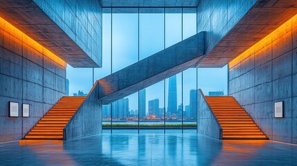 Obraz premium Modern concrete hall with orange stairs and city view