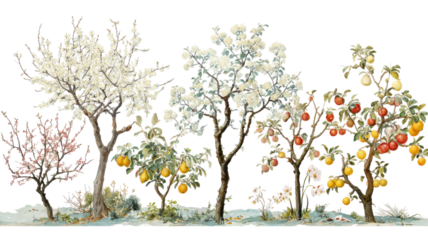 Nature's seasons illustrated: a vector design of a spring tree with flowers, a summer leafy branch, and an autumn silhouette of falling leaves