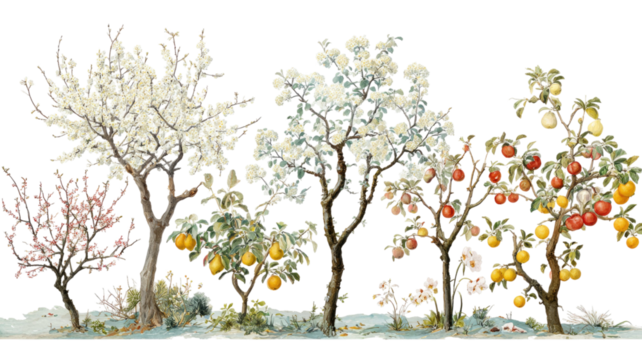 Nature's seasons illustrated: a vector design of a spring tree with flowers, a summer leafy branch, and an autumn silhouette of falling leaves - Powered by Adobe