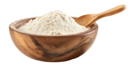 Bowl of white flour ingredient with a wooden spoon, isolated on white background